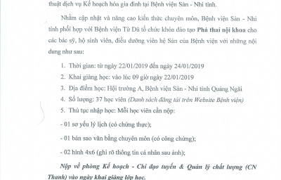 Thông báo V/v tham gia học lớp Phá thai nội khoa tại Bệnh viện Sản Nhi tỉnh